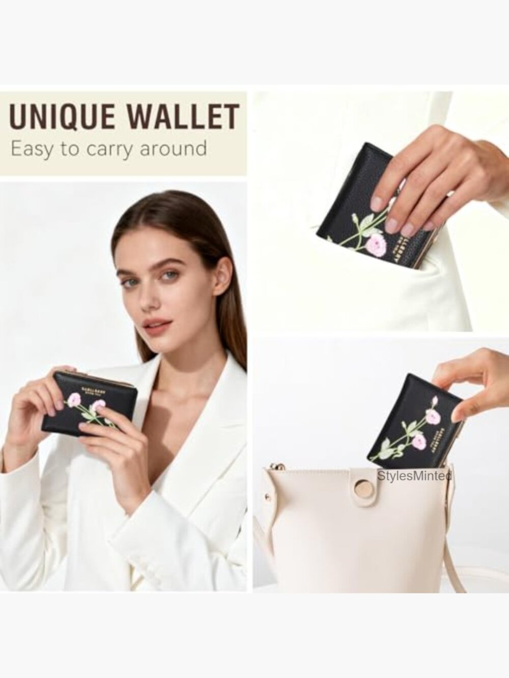Bifold Embroidery Flower RFID Blocking Wallet with Zipper Pocket - Picture 6 of 7